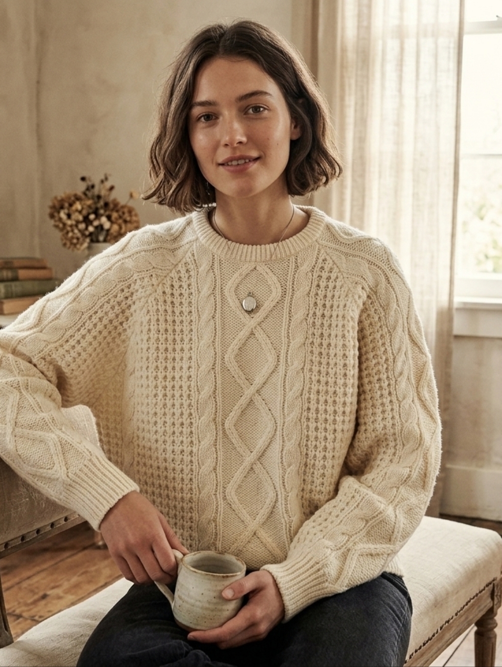Cream Cable Knit Crewneck Sweater